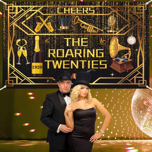 Roaring 20s Party Decorations Banner Roaring 1920's Banner Black and Gold Birthday Vintage Music Themed Speakeasy Decor Backdrop Banner for 1920s Birthday Wedding Retro Jazz Party Supplies