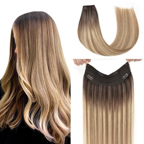 Senmy Fishing Line Hair Extensions Human Hair Dark Brown to Camel Brown Balayage Blonde Wire Hair Extensions 14inch 80g Invisible Wire Hair Extensions Human Hair Straight Hair Extensions For Women