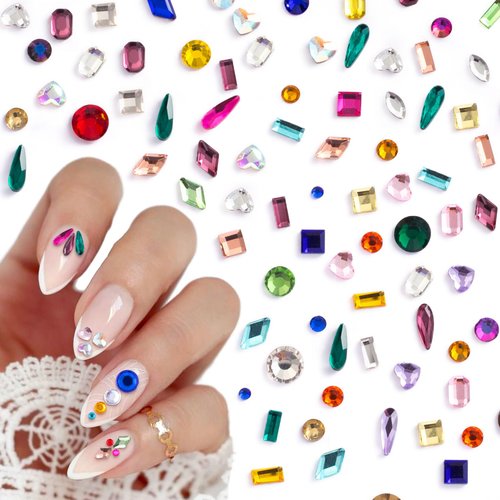 HINZIC 510pcs Rhinestones Nail Art Charm, Flatback Gems Colorful Crystal Glass Jewels Valentines Face Clothes Shoes Decor Bead, Mini Diamond Heart Round Geometric for Crafts Acrylic Nail Supplies