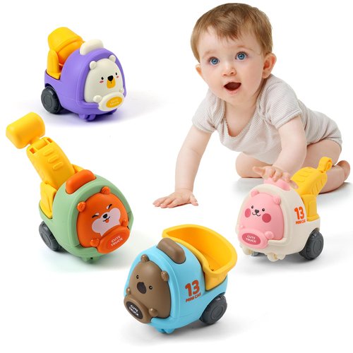 Lilycass Toddler Car Toys 4 PCS Press and Go Car Toys for Baby First Birthday Gifts Cute and Quite Small Toy Trucks Set Boy Girl