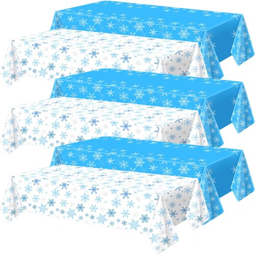 Peryiter 6 Pcs Winter Snowflake Tablecloth Christmas Wonderland Decoration 54 x 108 Inch Blue and White Winter Disposable Dining Table Cover for Christmas Winter Theme Party Supplies