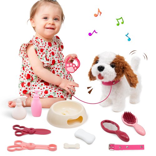 Arkyomi Walking Dog Toy with Remote Control Interactive Dog Toy Leash Plush Pets Puppy Doy Toy with Walking Barking Singing Shaking Tail Pretend Dress Up Dog for Boys & Girls