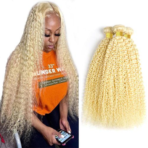 613 Blonde Human Hair Bundles Blonde Kinky Curly Human Hair Bundles 20 22 24 inch Brazilian Virgin Remy Hair Extensions Double Weft 613 Bundles Human Hair Curly Wave Bundles