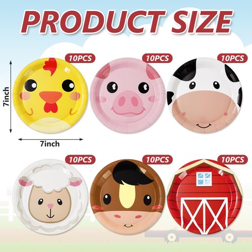 Whaline 60Pcs Farm Animal Birthday Party Dessert Plates Cock Pig Cow Sheep Disposable Paper Plates 6 Designs Farmhouse Dinnerware Plate 7 Inch for Party Supplies Table Decor