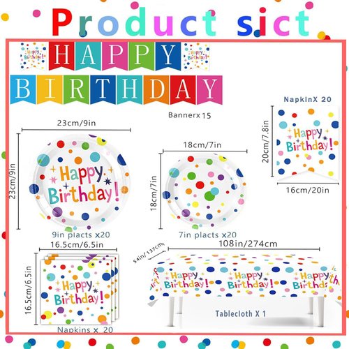 Happy Birthday Decorations-Kids' Birthday Party Supplies with Dots Design, Party Supplies Set Includes Disposable Paper Happy Birthday Plates Tablecloth, and Banner for Boys/Girls, Serves 20.
