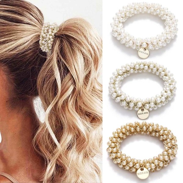 Fashey Pearl Hair Ties Elastic Ponytail Holder Beaded Hair Scrunchies Set Pearls Hair Bands Hair Accessories for Women and Girls(Pack of 3)