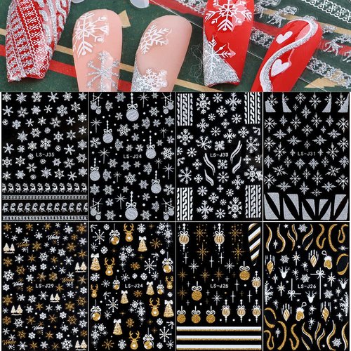 Christmas Nail Art Stickers, Snowflake Nail Decals 3D Self-Adhesive Gold Silver White Snowflake Elk Bell Xmas Tree Winter Nail Design DIY Christmas Nail Decoration for Women Girls(8Sheets)