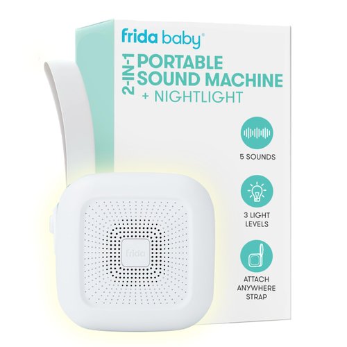Frida Baby 2-in-1 Portable Sound Machine for Baby + Nightlight, White Noise Sound Machine for Baby with 5 Soothing Sounds & 3 Nightlight Modes, Travel Sound Machine Attaches to Strollers, Car seats