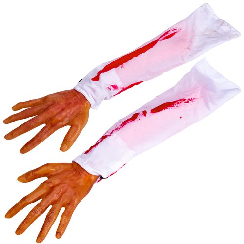 XONOR Halloween Fake Severed Arm Plastic Hands Bloody Human Body Parts for Haunted House Zombie Halloween Party Decorations, 2Pcs