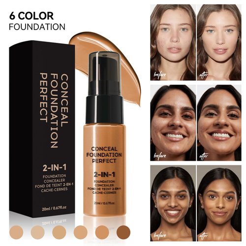 DLZZRS 6 Colors Liquid Foundation Long-Lasting,Poreless Liquid Oil Concealer Foundation For All Skin Type,Waterproof & Sweat-Proof,Easy To Push Away,Flawless Finish Foundation,Balanced Skin Color