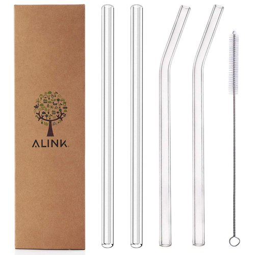ALINK Clear Glass Straws, 9 in X 10 mm Reusable Straight & Bent Smoothie Straws, Set of 4 with Cleaning Brush