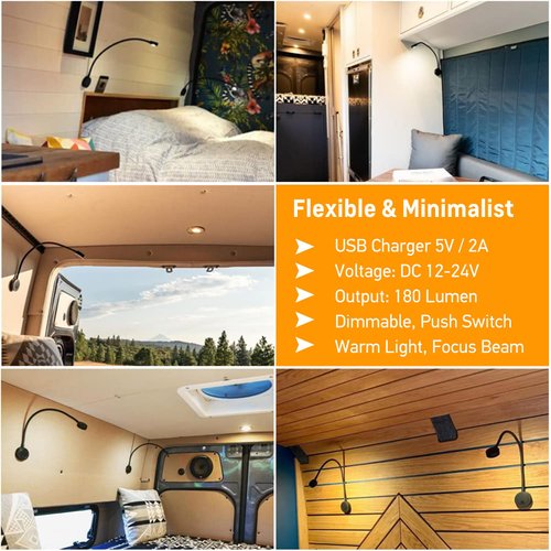 acegoo 12V LED Reading Light, RV Boat Bedside Reading Lamp, 12 Volt Flexible Gooseneck Bed Light for Camper Van Trailer Truck Motorhome, Integral Switch & USB Charger