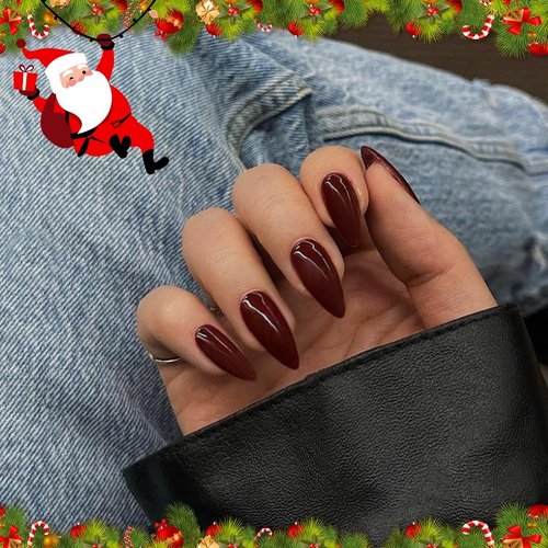 More Burgundy Press on Nails Medium Almond Fake Nails Press on Acrylic Nails Set,KQueenest Dark Red Stiletto Nails Glue on Nails Medium Length Gel False Nails Short Almond Nails UV Coating in 24PCS
