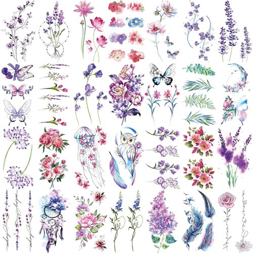 Briyhose Color Flower Small Temporary Tattoos for Women, Realistic Cute Lavender Floral Fresh Plants Fake Tattoo Adult Girl Hand Neck, Sexy Tiny Temp Tatoo Sticker Wrist Body Art Makeup, 28-Sheet
