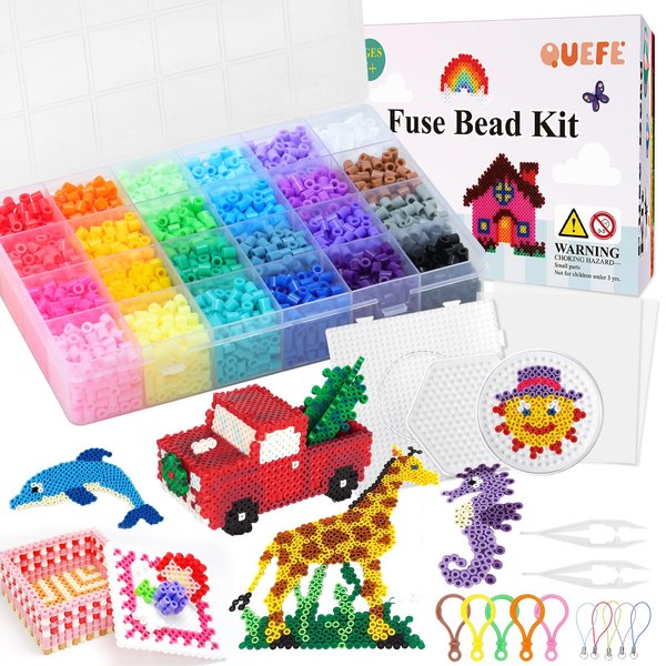 QUEFE 5200pcs Perler Beads Fuse Beads Kit for Kids, 24 Colors 5mm Melting Beads Set Including Pegboards, Ironing Paper, Tweezers, Colorful Hooks for Birthday and Christmas Gift