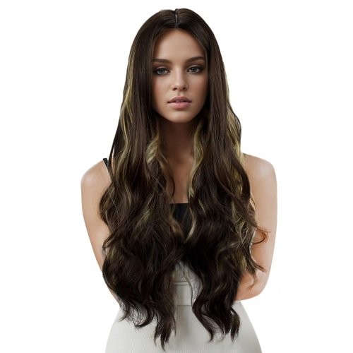 MocNeavian Dark Brown Golden Ombre Wigs 29 Inches Long Wavy Wigs for Women Middle Part Ombre Natural Looking Synthetic Heat Resistant Fiber Wig Women's Wigs for Daily Use Women's Charming Wigs