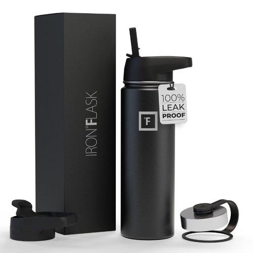 IRON °FLASK Camping & Hiking Hydration Flask, Wide Mouth, 3 Straw Lids, Stainless Steel Outdoor Water Bottle, Double Walled, Insulated Thermos, Metal Canteen - Midnight Black, 22 Oz