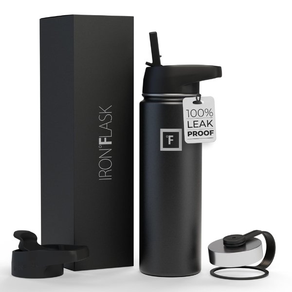IRON °FLASK Camping & Hiking Hydration Flask, Wide Mouth, 3 Straw Lids, Stainless Steel Outdoor Water Bottle, Double Walled, Insulated Thermos, Metal Canteen - Midnight Black, 22 Oz