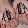 MISUD Press on Nails Long Stiletto Fake Nails Glossy Glue on Nails Goth Black Ombre Acrylic Nails Sharp Almond Artificial Nails Luxury Rhinestone Stick on False Nails with French Tip Design 24 pcs