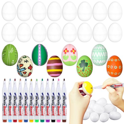 Crtiin 24 Pcs DIY White Blank Easter Eggs Paintable Hanging Plastic Egg Fillable Fake Eggs to Color Paint Your Own Eggs with 12 Markers for Easter Party Gifts Basket Filler Classroom Crafts