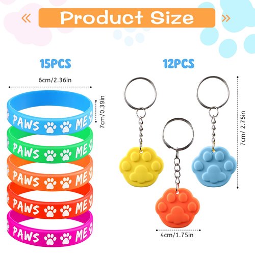 Skylety 58 Pcs Dog Paw Print Party Favors Set, Paw Print Stamps Rubber Silicone Bracelets Sticker Keychain, Puppy Birthday Party Favors Patrol Supplies, Gift Bag Stuffer (Multi Colors)