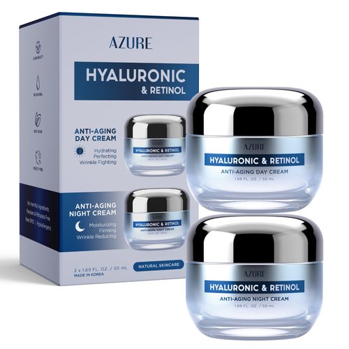 Azure Cosmetics Hyaluronic Acid &amp; Retinol Day/Night Cream Value Set - Rejuvenating, Anti Aging &amp; ...