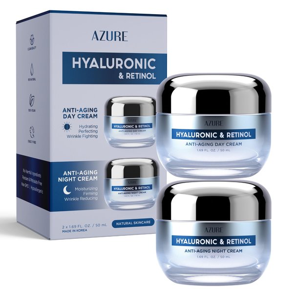 Azure Cosmetics Hyaluronic Acid & Retinol Day/Night Cream Value Set - Rejuvenating, Anti Aging & Hydrating Face Moisturizer - Reduces Wrinkles & Evens Dark Spots - Vegan Skin Care Made in Korea
