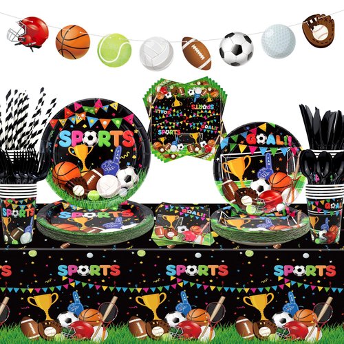 Sports Theme Birthday Party Supplies - Sports Birthday Party Decorations, Including Pattern Banner, Plates, Cups, Napkins, Tablecloth, Soccer Basketball Baseball Football Theme Decorations, Serves 20