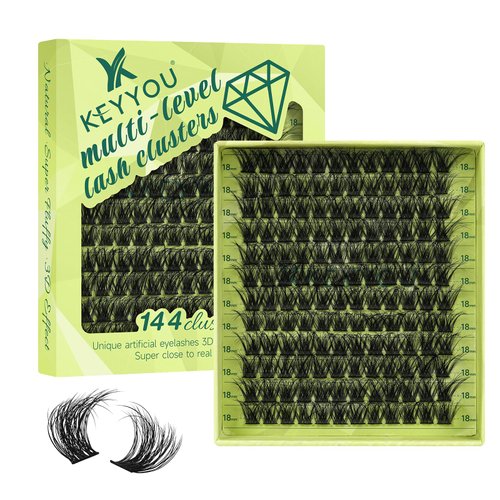 Lash Clusters 3D Effect Eyelash Clusters KEYYOU 144pcs D Curl 18mm Wispy Lashes Fluffy Cluster Lashes Natural Soft DIY Lash Extension(Enthrall-D-18)