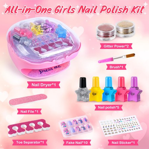 Shemira Nail Polish Kit For Girls Ages 7-12 Years Old, Nail Art Toy For Girls 5 6 7 8 9 10 11 12 Years Old, Nail Art Studio With Pink Nail Dryer For Girls, Christmas Birthday Gifts For Girls 5-7 8-10