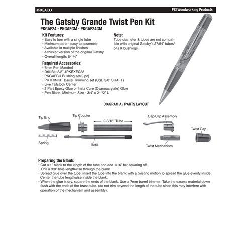Penn State Industries PKGAFSS Gatsby Grande Twist Ballpoint Pen Kit Starter Package Woodturning Project