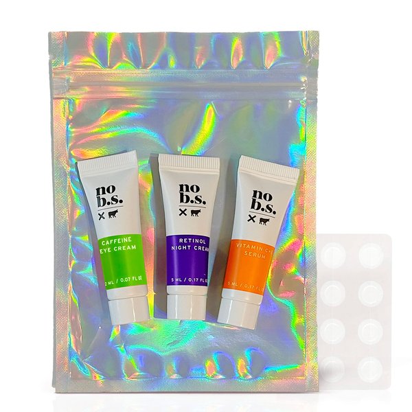 No B.S. (No Bad Stuff) Skincare Minis Kit, Vitamin C & E Serum with Hyaluronic Acid, Retinol Night Cream, Caffeine Eye Cream, Waterproof Acne Patches, 4 Product Trial Size Skin Care, Gluten Free