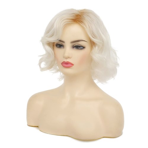 Dai Cloud Blonde Short Wig Women Ombre Light Blonde Curly Bob Wigs Old Lady Dark Root Hair Side Part Wigs for Women Cosplay Party Daily(Platinum Blonde)