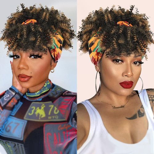 LEOSA Short Afro Kinky Curly Wigs for Black Women Natural Black Curly Headband Wig with Bangs Synthetic Curly Wigs with Head Wrap 2 in 1 for Women Curly Full Wig With with with Multicolor Scarf Wigs
