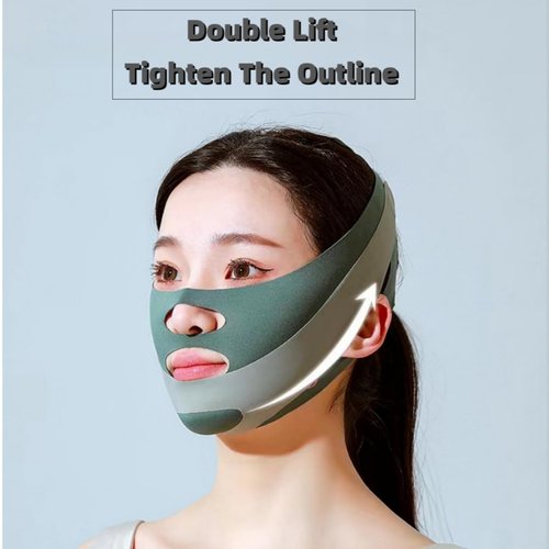 V-Face Mask - Double Chin & Jawline Sculptor, Skin-Soothing Face Lifting Tape - Silky Fabric, Pain-Free, Washable & Reusable (Green)