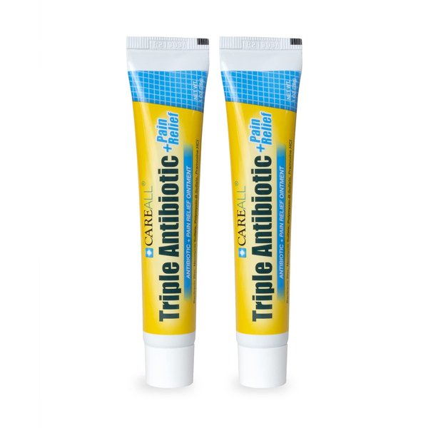 CareAll Triple Antibiotic Ointment + Pain Relief 1.0 oz (2 Pack), Dual Action First Aid for Minor Scrapes, Cuts, and Burns to Help Prevent Infection While Providing Maximum Strength Pain Relief.