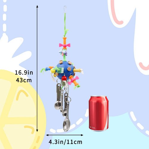 Bird Toys for Playground, Parakeet Toys with Plastic Ball Wooden Decor and Metal Spoons for Chewing, Bird Cage Accessories for African Grey Budgies Cockatiels Lovebirds Quakers Small to Medium Birds
