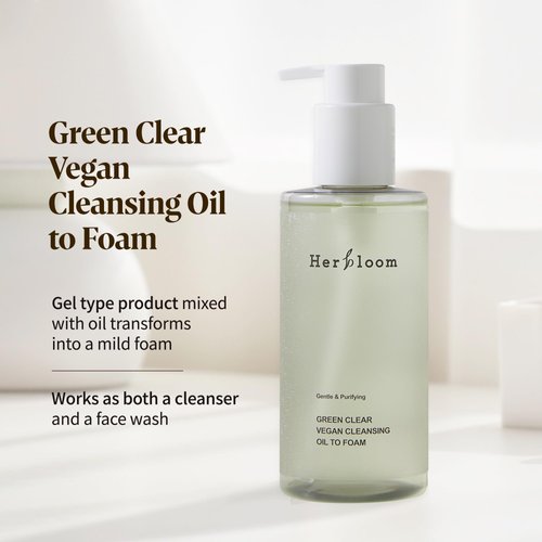herbloom Green Clear Vegan Cleansing Oil to Foam - Korean Cleanser, pH Balanced Mild Foam Cleanser, Oil Based Cleanser, Sulfate Free, Vegan Skincare - 6.76 fl.oz.