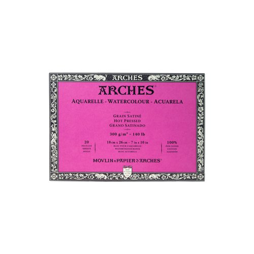 Arches Watercolor Block 7x10-inch Natural White 100% Cotton Paper - 20 Sheets of 140 lb Arches Hot Press Watercolor Paper - Arches Art Paper for Watercolor Gouache Ink Acrylic and More
