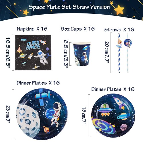 SUNBEAUTY 96 Pcs Space Birthday Decorations,Outer Space Party Supplies Galaxy Planet Cupcake Wrappers, Paper Cups, Plates, Straws Forks for Boys Kids Serves 16