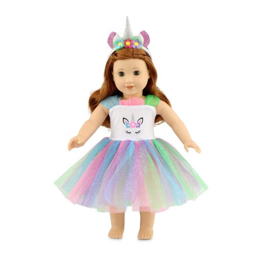 Emily Rose 18 Inch Doll Clothes 18" Doll Unicorn Glittery Doll Dressy Dress Gift Set with Headband Accessory | USA Business