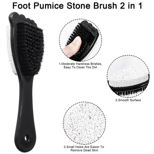 Foot Pumice Stone Brush Callus Remover 3 Packs, Beomeen 2 in 1 Foot Shower Pedicure Scrubber with Handle, Foot File with Dense Bristles for Deep Cleansing and Exfoliation, Dry Skin Removal, Black