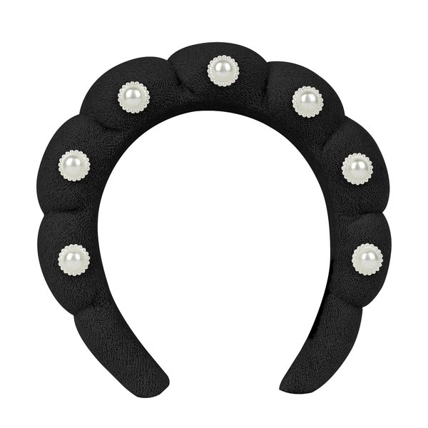 Ondder Pearl Black Makeup Headband Spa Headband for Washing Face Sponge Face Wash Headband Soft Skin Care Headbands Hair Band Puffy Skincare Headband for Women Facial Make Up Hair Headband Head Bands