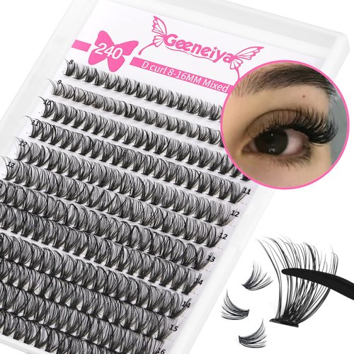 Geeneiya Wispy Lash Clusters 40D Eyelash Clsuters DIY Individual Lashes Cluster Eyelash Extensions D Curl 8/9/10/11/12/13/14/15/16MM Mix Eyelash Extensions, Thin Band