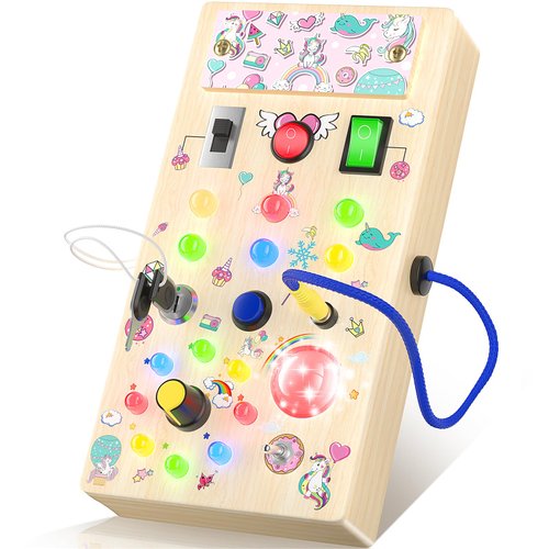 ANEVIT Unicorn Montessori Toddler Busy Board, Toddler Toys with Music and LED Light Switches, Wooden Sensory Toys Light Switch Toys Travel Toys, Toys for 1 2 3 Years Old Baby and Toddler