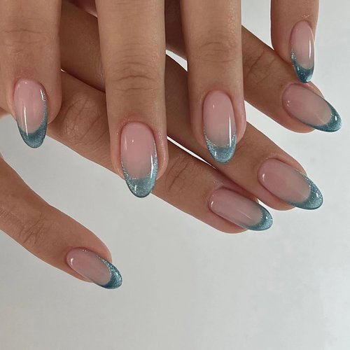 French Tip Press on Nails Cat Glitter Fake Nails Almond Glossy Glue on Nails Medium Length False Nails with Designs Full Cover Acrylic Nails Reusable Artificial Nails for Women and Girls 24Pcs