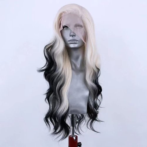 RONGDUOYI Ombre Black Synthetic Lace Front Wig for Women Blonde to Black Colored Lace Wig Body Wave Platinum Roots Lace Wig Synthetic Daily Wear Costume Party Wig