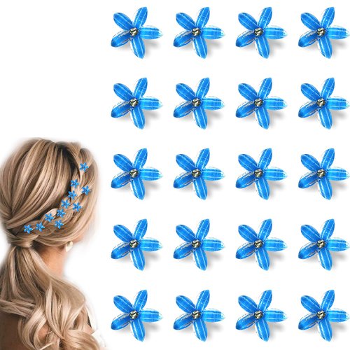 MOODKEY 20PCS Mini Flower Hair Clips with Rhinestone, Cute Flower Hair Clips Wedding Hair Pins Flower Crystal Hair Clips Hair Accessories for Women Girls Wedding Clip Bridesmaid Party (Blue)