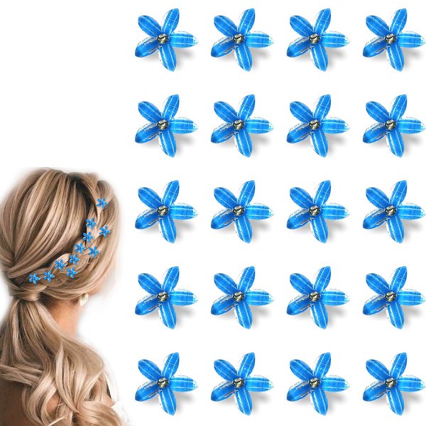 MOODKEY 20PCS Mini Flower Hair Clips with Rhinestone, Cute Flower Hair Clips Wedding Hair Pins Flower Crystal Hair Clips Hair Accessories for Women Girls Wedding Clip Bridesmaid Party (Blue)