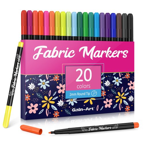 Gain-Art Fabric Markers Permanent for Clothes - 20 Colors Fine Tip Fabric Paint Pens with 5 Painting Templates - Non-Toxic Fabric Paint Markers for T-shirts Sneakers Canvas Bags and Textiles